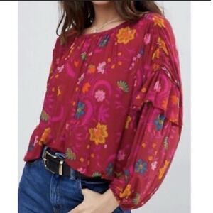 Free People‎ Floral Blouse Ruffle Balloon Sleeve Bohemian Romantic Fall Autumn S